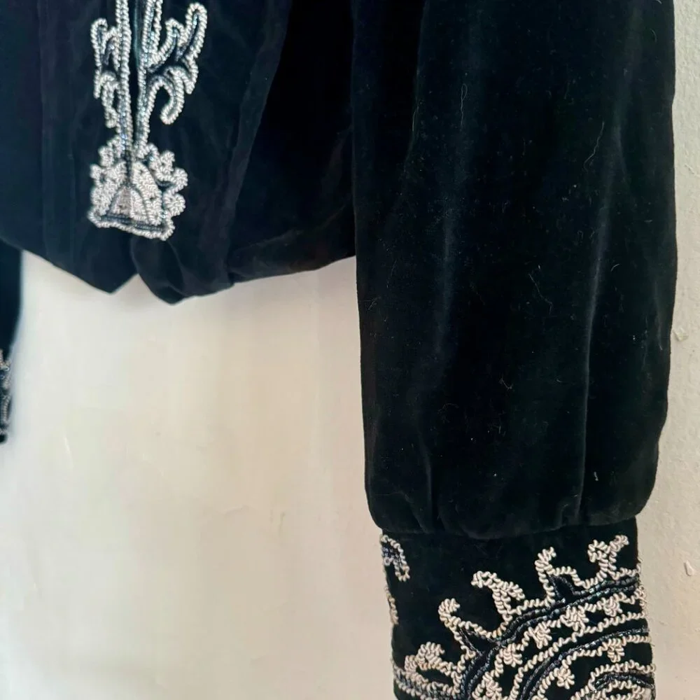 Vintage Bohemian Black Cropped  Velvet Embroidered Beaded Jacket Size S - Picture 10 of 11